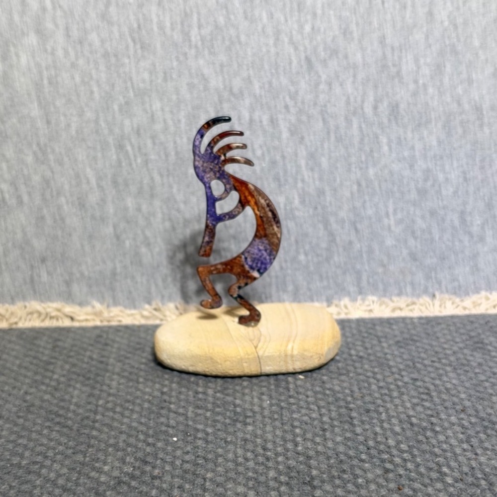 Kokopelli Metal Figurine on Sandstone Base Southwestern Flute Player Decor 4"